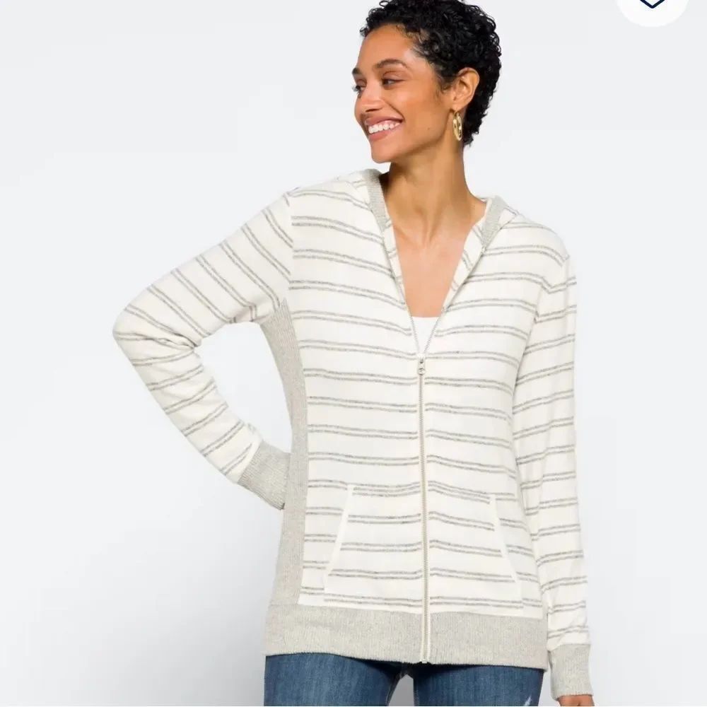 Market & Spruce Cream and Gray Brushed Knit Striped Zipper Cardigan